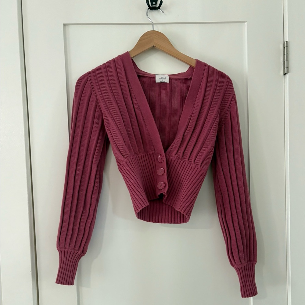 WILFRED | dark pink Plunge Front Cardigan size small merino wool cotton blend